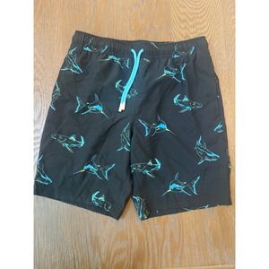 Maamgic Kids Swim Trunks Black Shark Print Elastic Waist Drawstring Size 10 12